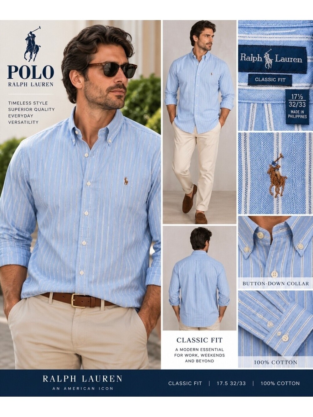 Ralph Lauren Classic Fit Oxford Shirt Mens 17.5 32/33 Blue White Stripe Pony
